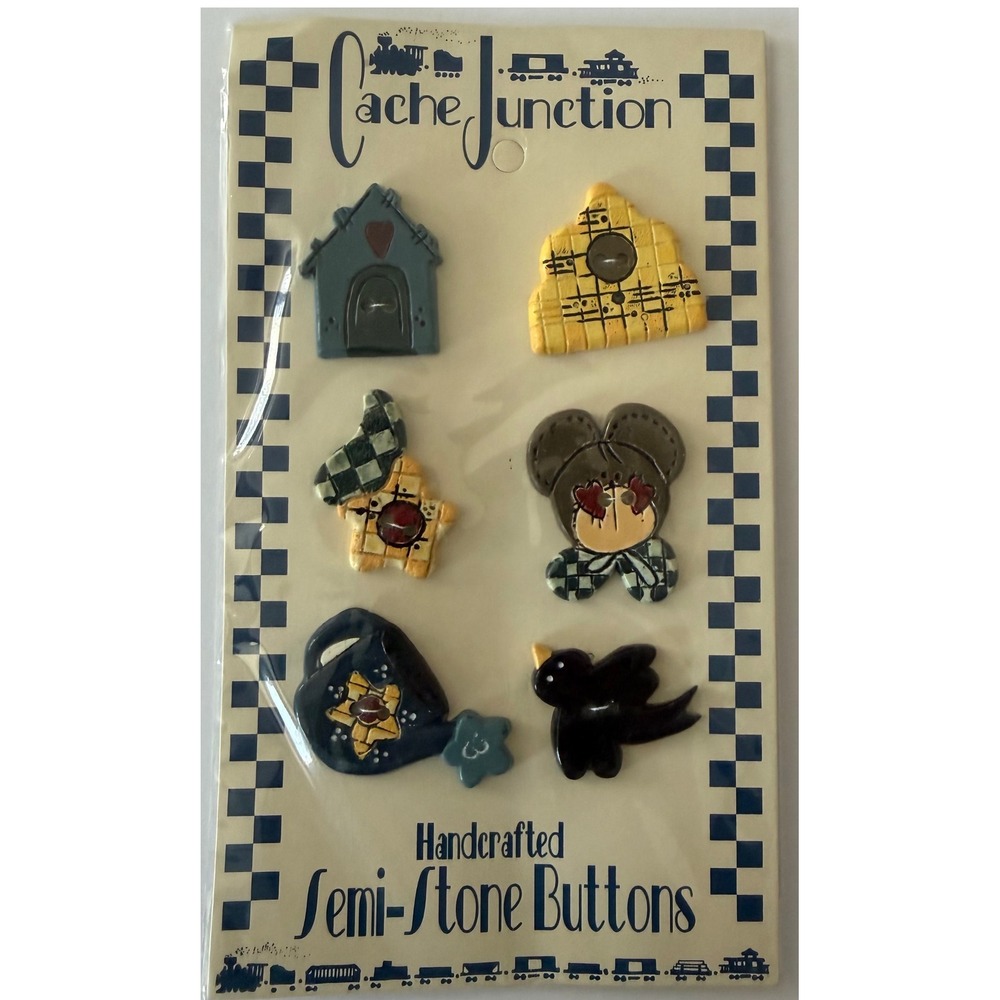 Cache Junction HandcraftSemi Stone Button Set 6 Folk Birdhouse Scarecrow Mouse